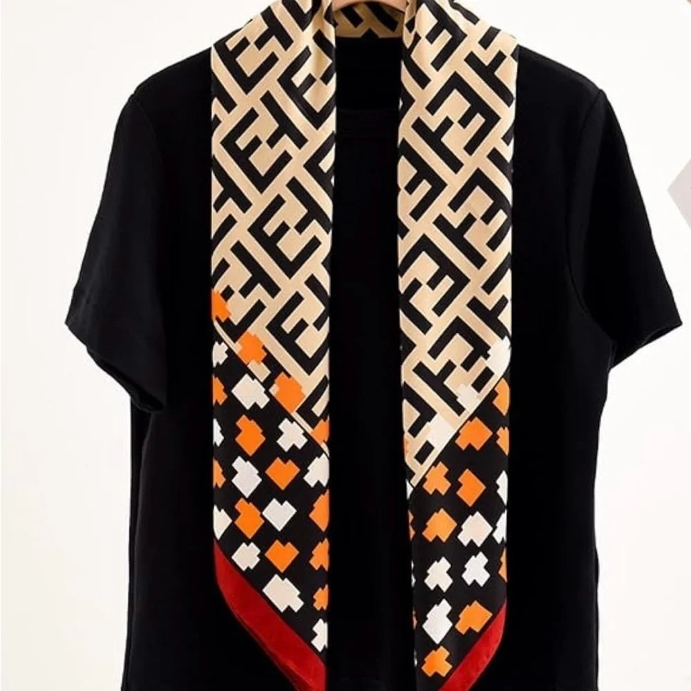 COPY - Geometric Patterned Silk like Scarf - Red, Black, Cream bandana